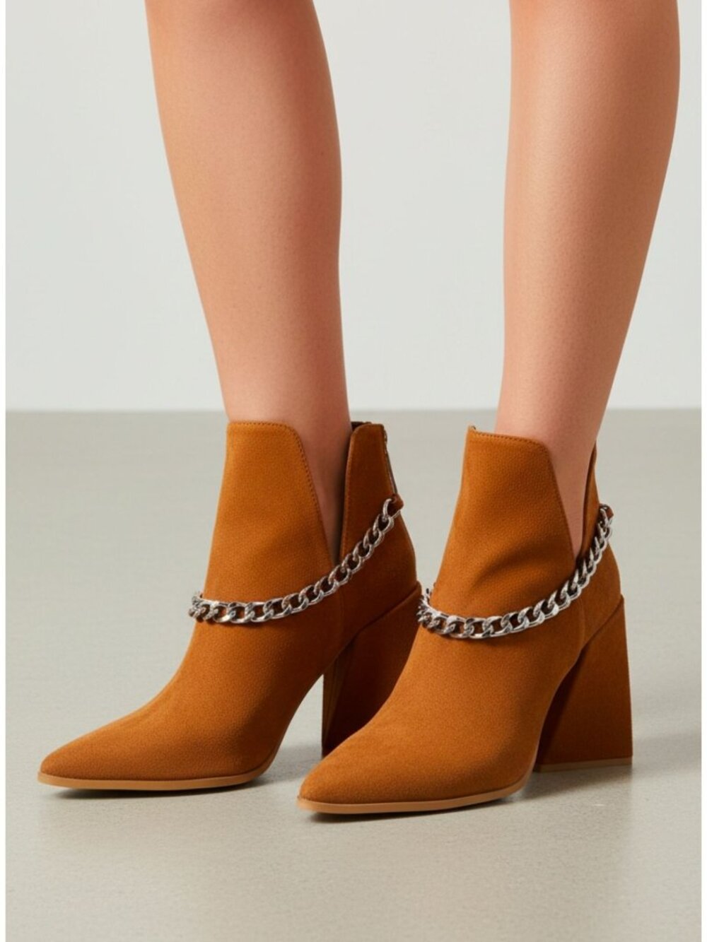 Tan Faux Suede Pointed Toe Ankle Boots With Chain Accent & Zipper Closure